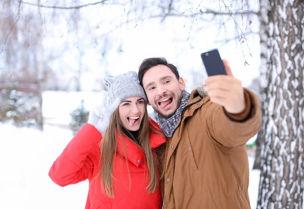 Casal jovem que toma selfie no parque nevado em férias de inverno — Fotografia de Stock