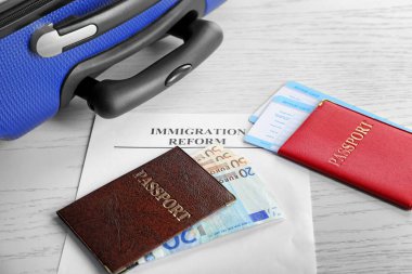 Pasaportlar, para ve varış kartları bavul yakınındaki masada. Göçmenlik reformu
