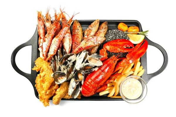 Delicious seafood platter on white background — Stok Foto