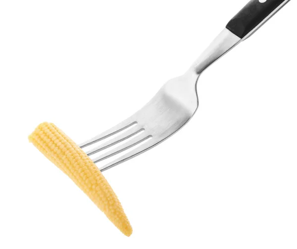 Fork with fresh young baby corn on white background — Stock Photo, Image