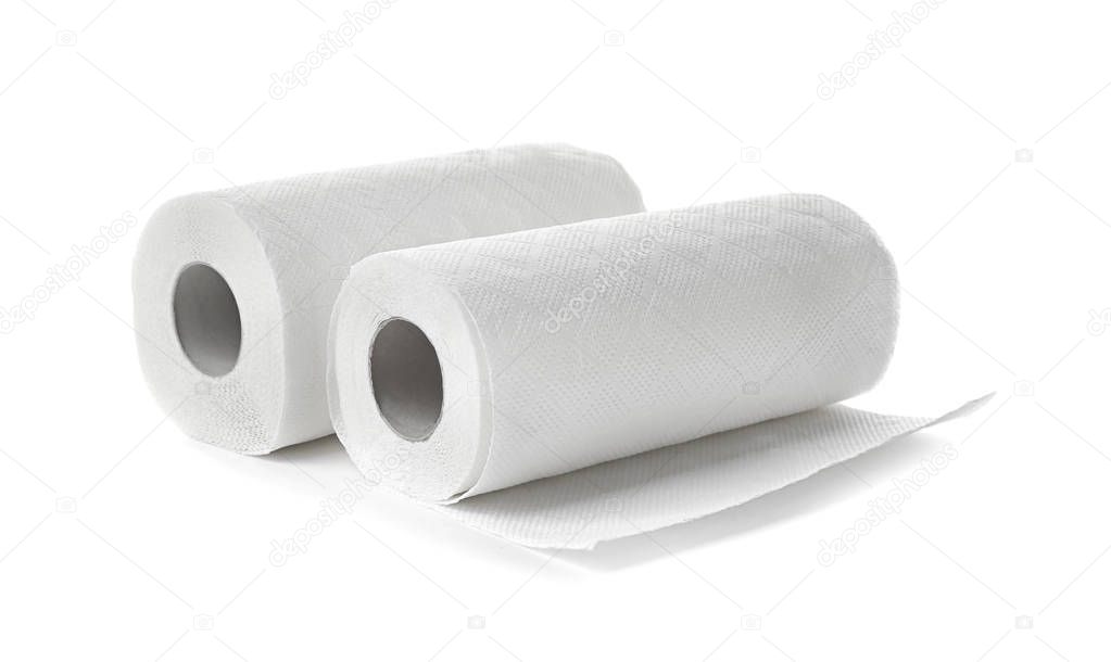 Rolls of paper towels on white background