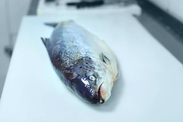 Saumon frais sur planche à découper dans la cuisine du restaurant — Photo