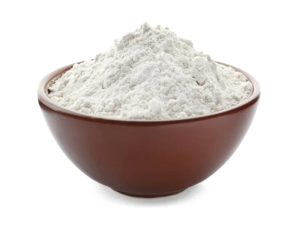 Bowl with wheat flour on white background — Stock Photo, Image