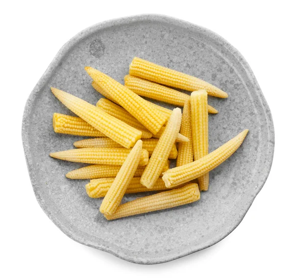 Plate with fresh young baby corn on white background — Stock Photo, Image