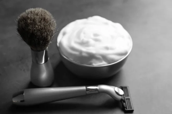 Barber brush, shaving foam and razor for man on table — Stock Photo, Image