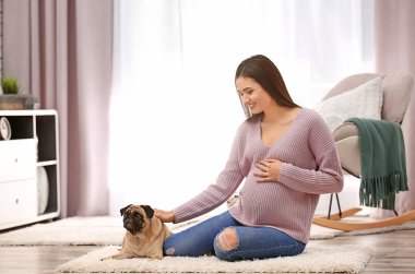 Pregnant woman with cute dog   clipart