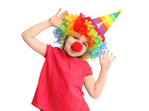 Cute little girl in funny disguise on white background. April fool's day celebration — Stock Photo, Image