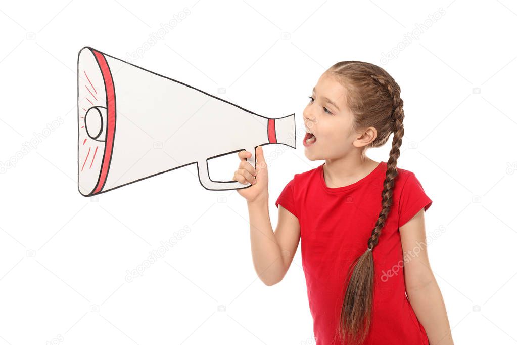 Little girl shouting into paper megaphone on white background