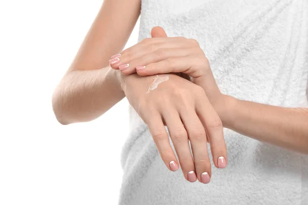 Woman applying hand cream — Stock Photo, Image