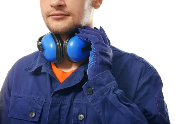 Άνδρας εργαζόμενος με ακουστικά — Φωτογραφία Αρχείου