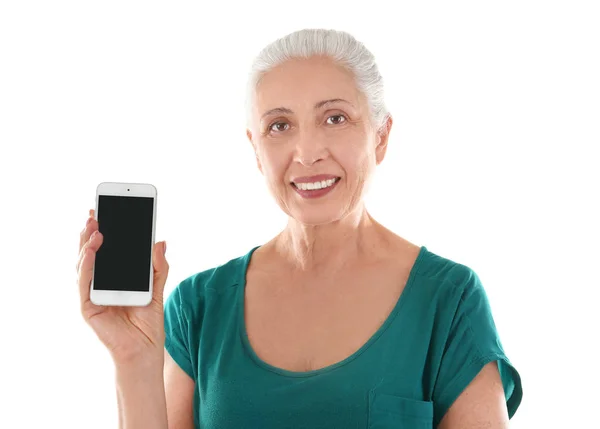 Красива старша жінка з мобільним телефоном — стокове фото