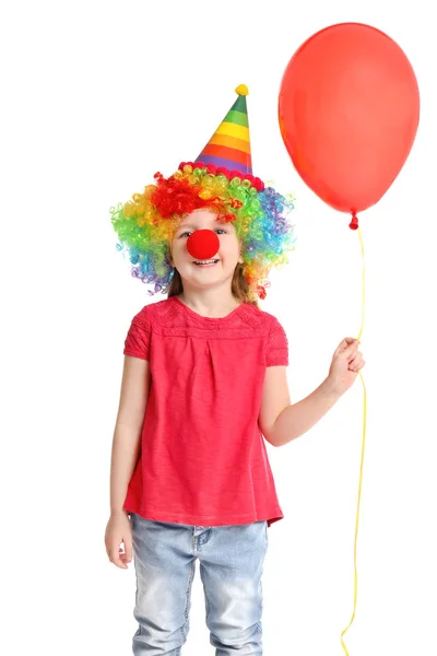 Cute little girl in funny disguise on white background. April fool's day celebration — Stock Photo, Image