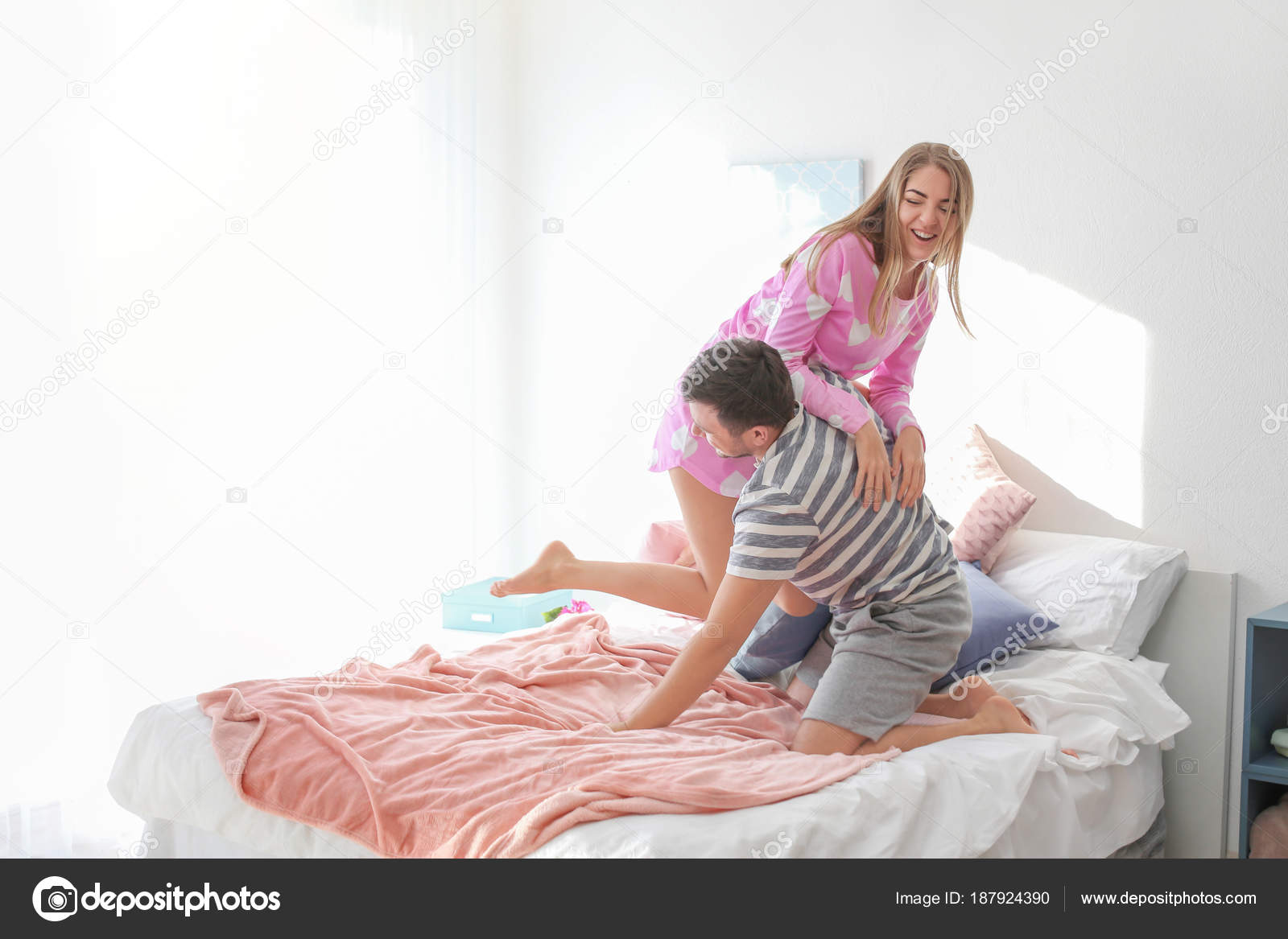 Morning Of Cute Young Lovely Couple Having Fun In Bedroom