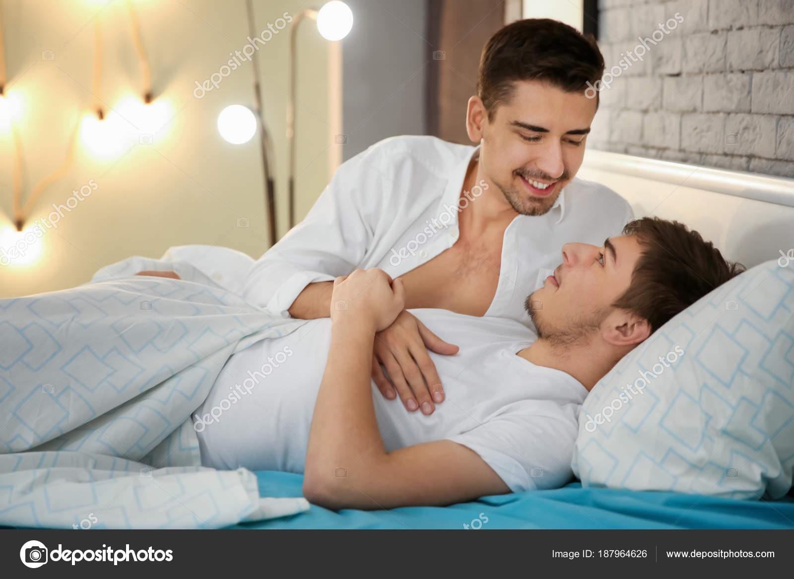 Young Gay Couple Lying Bed Home Stock Photo Young Gay Couple Lying Bed Home Stock Photo