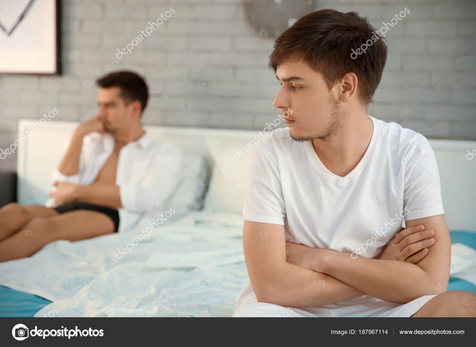 Young Gay Couple Relationship Problems Bed Stock Photo Young Gay Couple Relationship Problems Bed Stock Photo