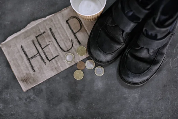 Old Shoes Coins Piece Cardboard Word Help Grey Background Poverty — Stock Photo, Image