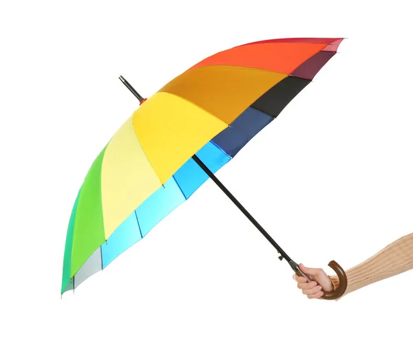 Woman Holding Rainbow Umbrella White Background — Stock Photo, Image