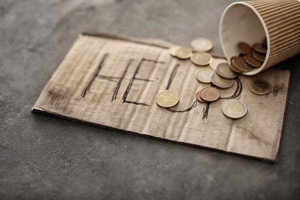 Piece Cardboard Word Help Coins Grey Background Poverty Concept — Stock Photo, Image