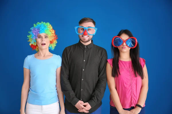 Young People Funny Disguise Posing Color Background April Fool Day — Stock Photo, Image
