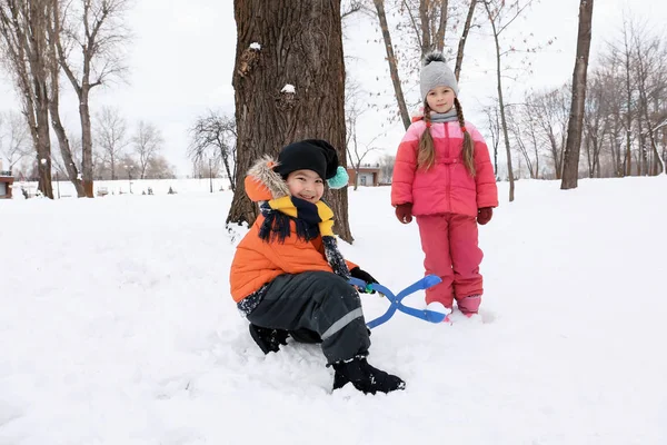 可爱的孩子们在雪地公园里玩寒假 — 图库照片