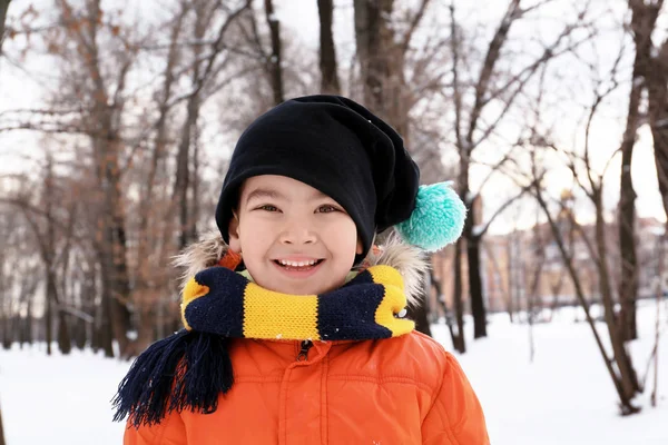 Netter Junge im verschneiten Park im Winterurlaub — Stockfoto