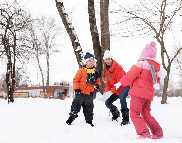 Счастливая семья играет в снежном парке на зимних каникулах — стоковое фото