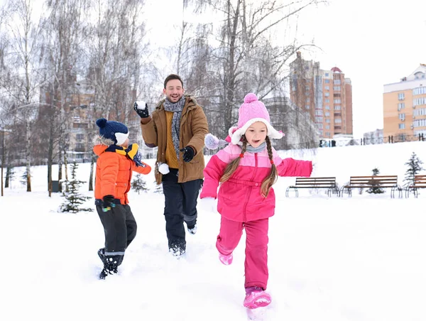 愉快的人与孩子在雪公园在冬天假期玩 — 图库照片