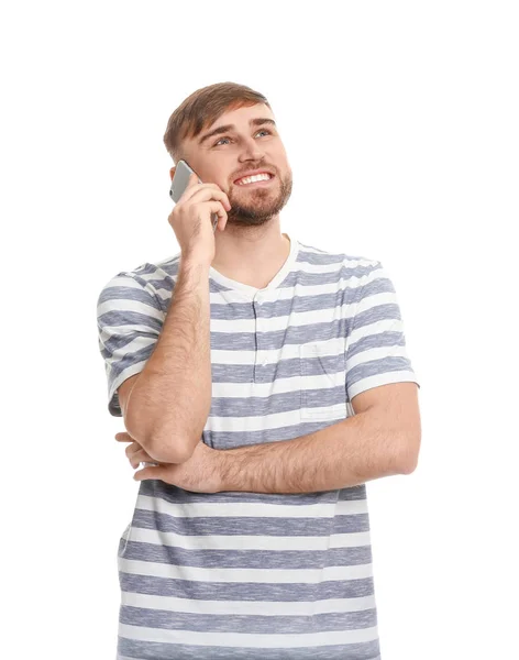 Jonge Man Praten Mobiele Telefoon Tegen Witte Achtergrond — Stockfoto