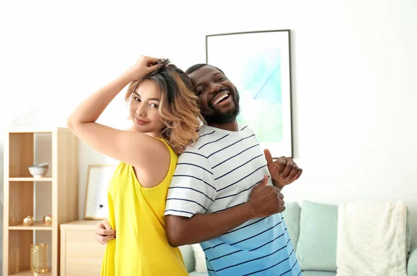 Cute Interracial Couple Dancing Home — Stock Photo, Image