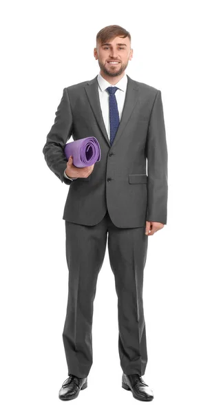 Young Businessman Suit Yoga Mat White Background — Stock Photo, Image
