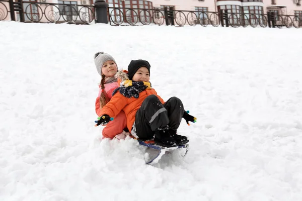 Schattige kinderen rodelen in besneeuwde park op wintervakantie — Stockfoto