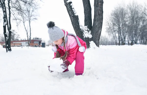 Schattig meisje in besneeuwde park op wintervakantie — Stockfoto