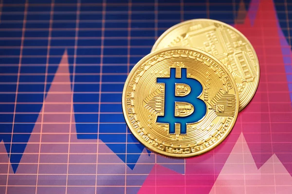 Golden bitcoins on screen with chart. Finance trading — Stock Photo, Image