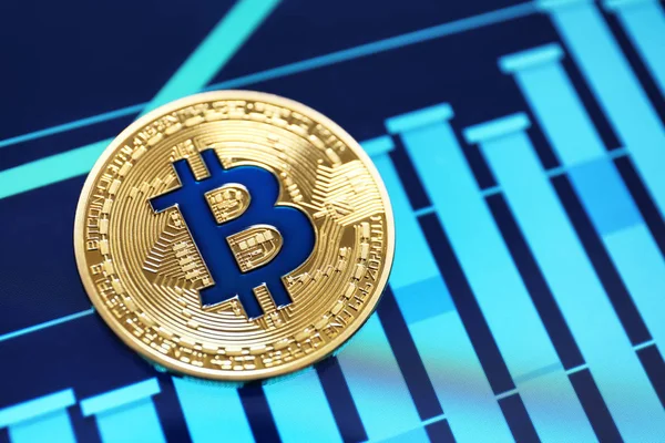 Golden bitcoin on screen with chart. Finance trading — Stock Photo, Image