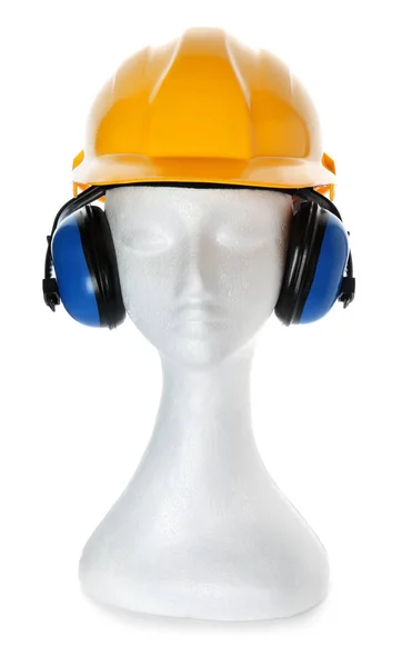 Mannequin with headphones and hard hat on white background. Hearing protection equipment — Stock Photo, Image