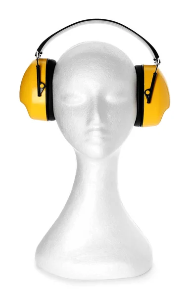 Maniquí con auriculares sobre fondo blanco. Protección auditiva —  Fotos de Stock