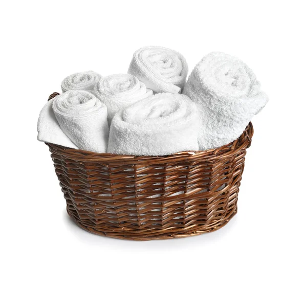 Wicker basket with clean terry towels on white background — Stock Photo, Image