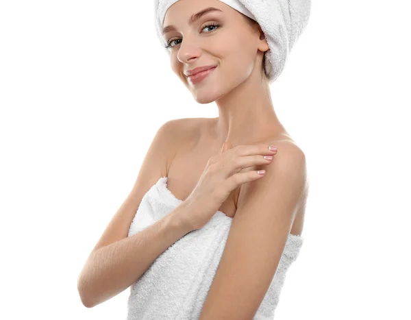 Young woman with healthy skin softened by cream with moisturizing effect, on white background — Stock Photo, Image