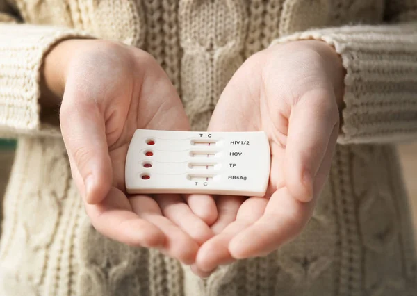 Woman Holding Test Hiv Hepatitis Syphilis Closeup — Stock Photo, Image