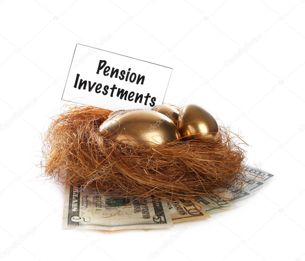 Nest with golden eggs, money and sign PENSION INVESTMENTS on white background