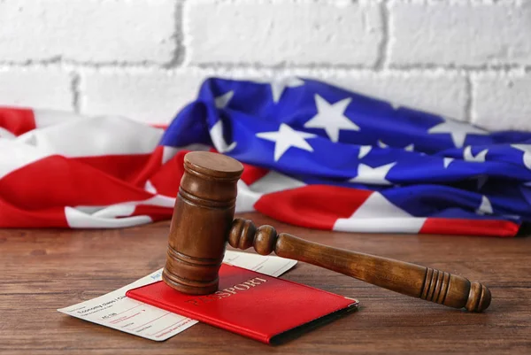 Gavel, passport, ticket and flag — Stock Photo, Image