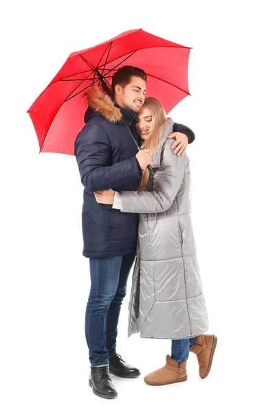 Romantický pár s světlé deštník — Stock fotografie