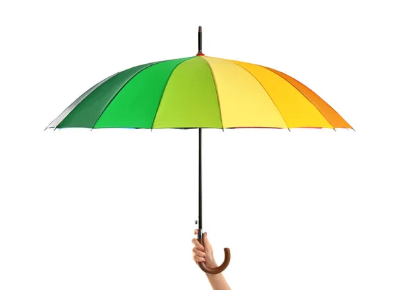 Woman holding rainbow umbrella — Stock Photo, Image