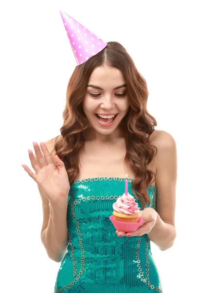 Jonge vrouw met verjaardag cupcake — Stockfoto