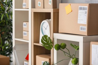 Parsel için ev ofis istemcisinde sevkıyata hazır raflara