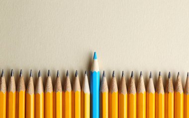 Masada bir mavi kalem diğerleri arasında. Fark ve benzersiz kavramı