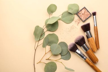 Dekoratif kozmetik ve profesyonel makyaj sanatçısı renk arka plan üzerinde fırçalar