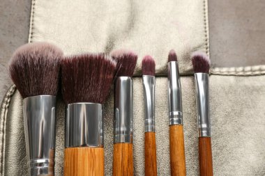 Profesyonel makyaj sanatçının masaya deri durumda fırçalar