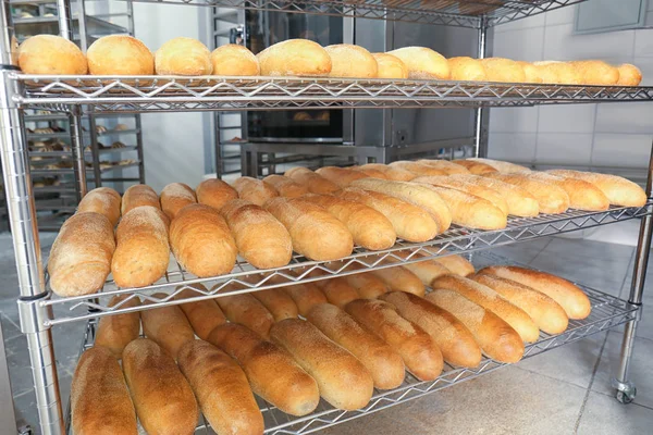 Estantes Con Delicioso Pan Fresco Panadería — Foto de Stock