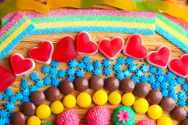Top View Colorful Candies Wooden Background — Stock Photo, Image